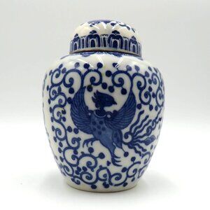 Ginger Jar Vase Lid Blue White Porcelain 5" Phoenix Floral Asian Designs